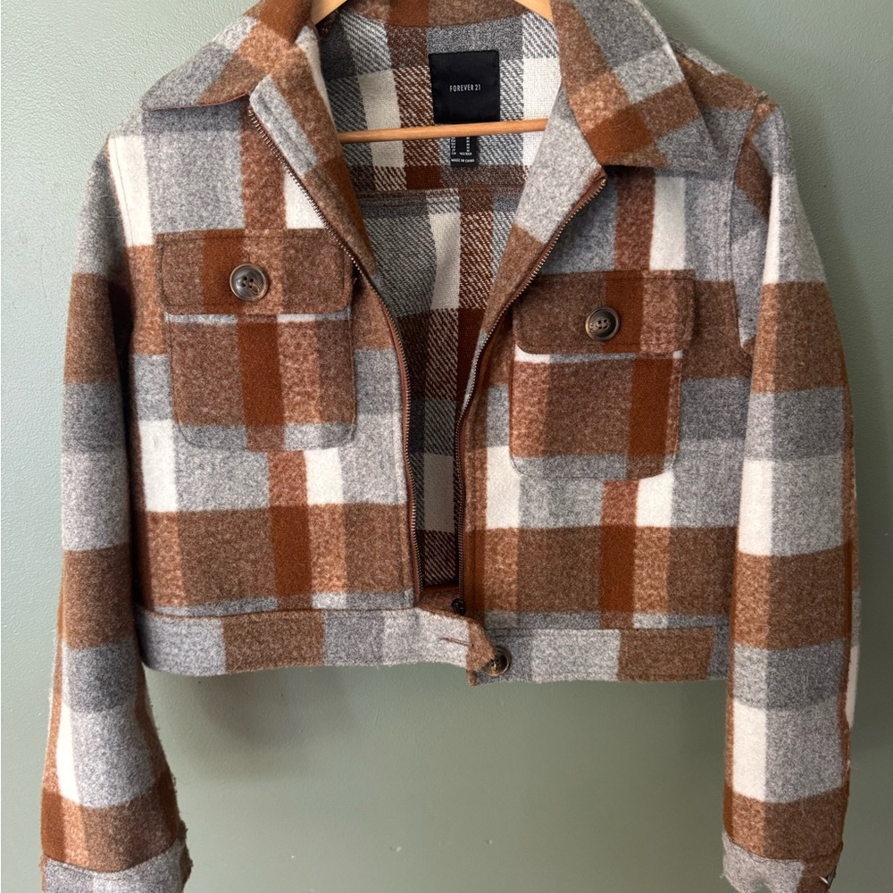 Forever 21 Brown and Gray Plaid Cropped Jacket